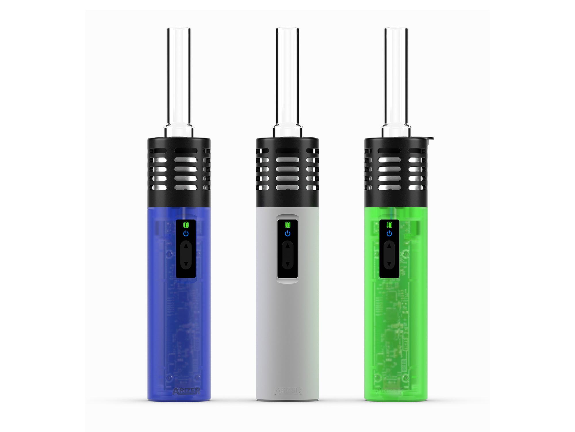 Arizer Air SE shown fro left to right in Haze Blue, Reefer White, and TimeWarp Green